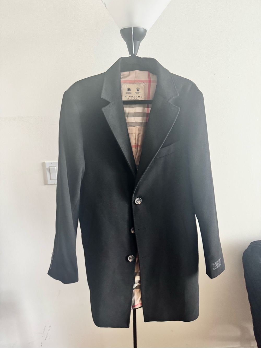 Burberry Black Wool Pea Coat with Signature Check Lining